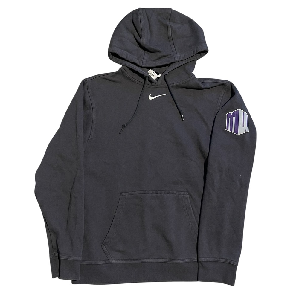 Nike Center Swoosh Hoodie Mens Small Black Pullover Sweatshirt Graphic Sleeve